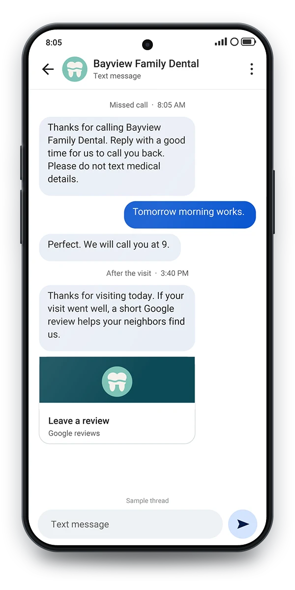 Sample text thread on a phone: a missed call answered by an automatic text asking for a good time to call back and not to text medical details, and a review request after the visit