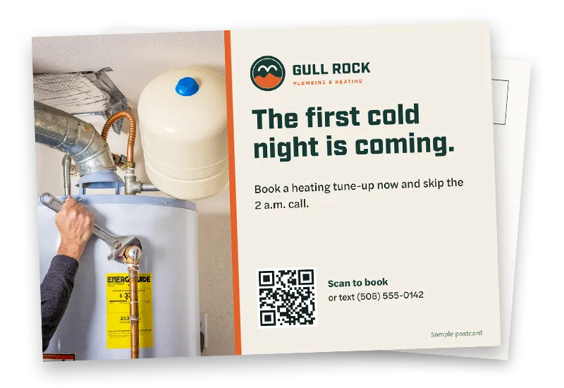 Sample postcard: a hand with a wrench on a water heater, and The first cold night is coming. Book a heating tune-up now, with a QR code to book and a text number