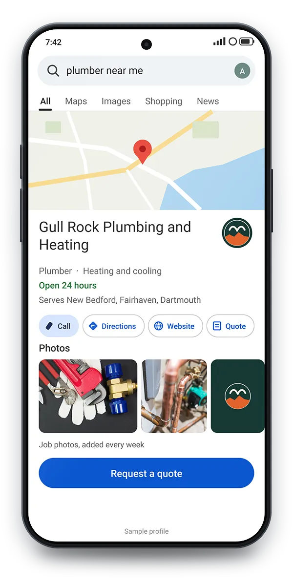 Sample Google Business Profile on a phone: the near-me search, a map pin, the shop name, open 24 hours, service towns, call and directions buttons, job photos and a Request a quote button