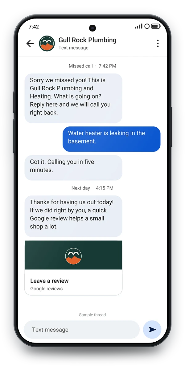 Sample text thread on a phone: a missed call at 7:42 p.m. answered by an automatic text, the customer describing a leaking water heater, and a review request the next day