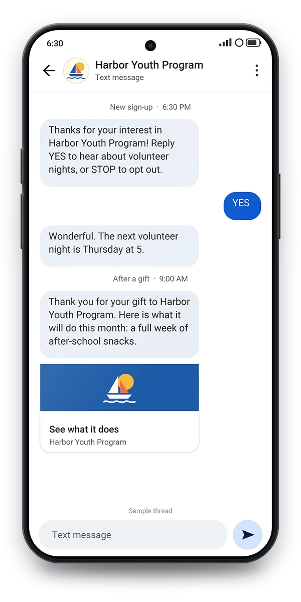 Sample text thread on a phone: a new volunteer sign-up answered with a welcome text, a reply of yes, and a thank-you text after a gift