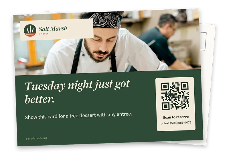 Sample Print: A table card or postcard for your slow night, with a code that opens the reservation page.