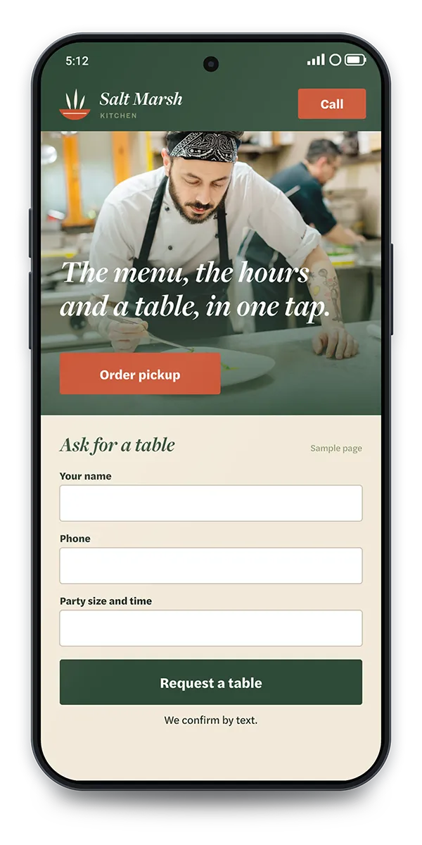 Sample Order page: The menu, the hours and a table request on one short page.