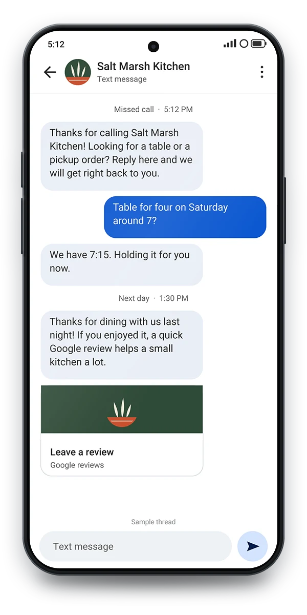 Sample text thread on a phone: a missed call answered by an automatic text, a customer asking for a table for four, and a review request the next day