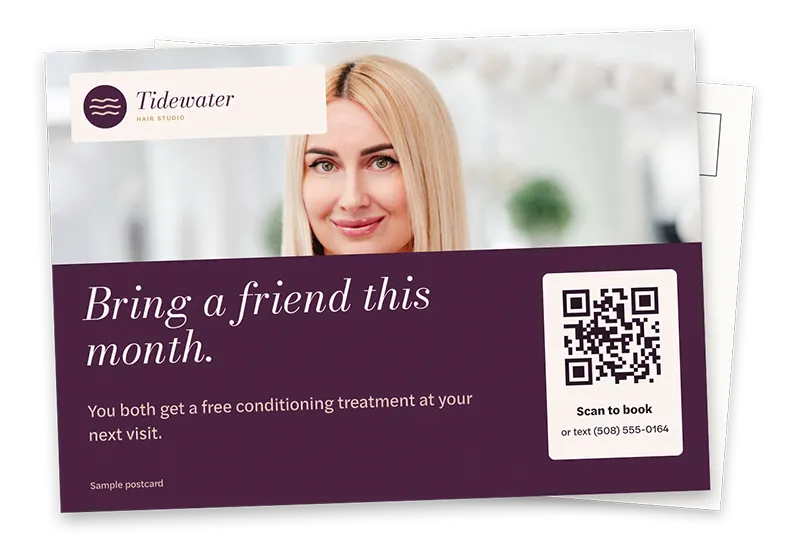 Sample Print: A refer-a-friend card for the slow weeks, with a code that opens booking.
