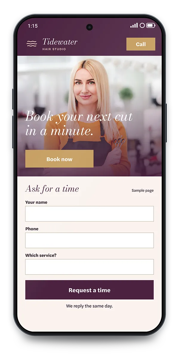 Sample Booking page: A fast page with a short request form, built for a phone.