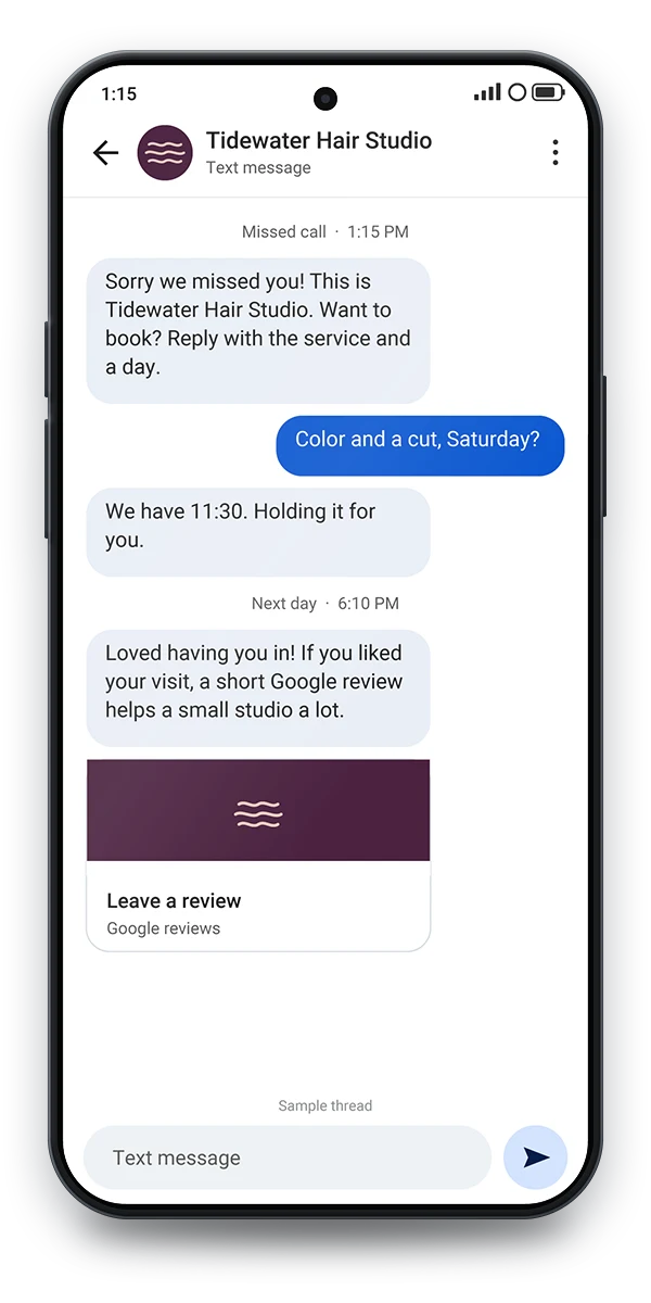 Sample text thread on a phone: a missed call answered by an automatic text offering to book, a customer asking for color and a cut on Saturday, and a review request the next day