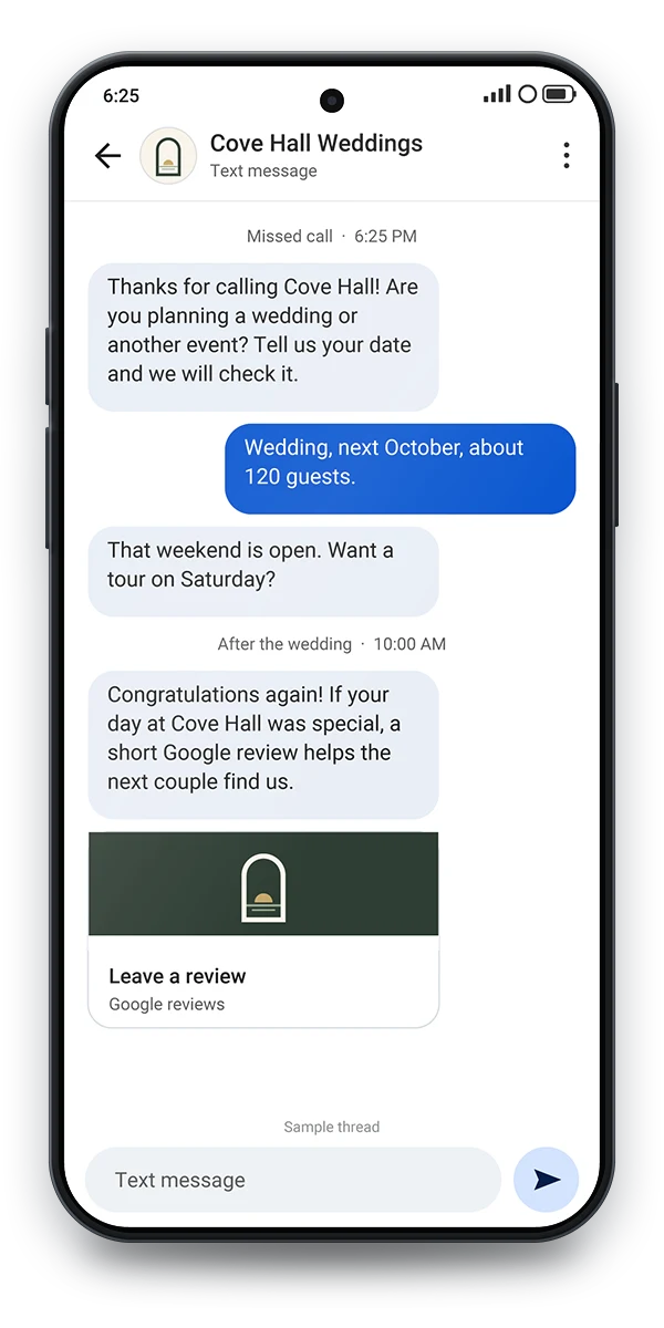 Sample text thread on a phone: a missed call answered by an automatic text asking for the date, a couple asking about next October for 120 guests, and a review request after the wedding
