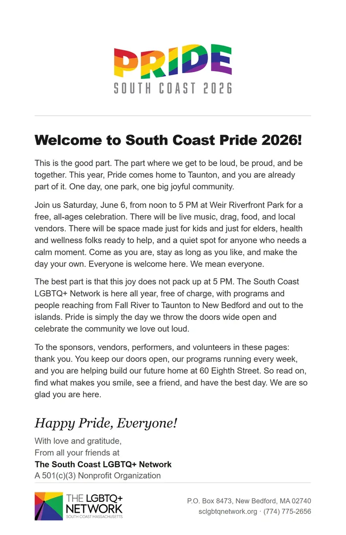 Page 2 of the Pride Guide: the Pride South Coast 2026 logo above a welcome letter that ends Happy Pride, Everyone